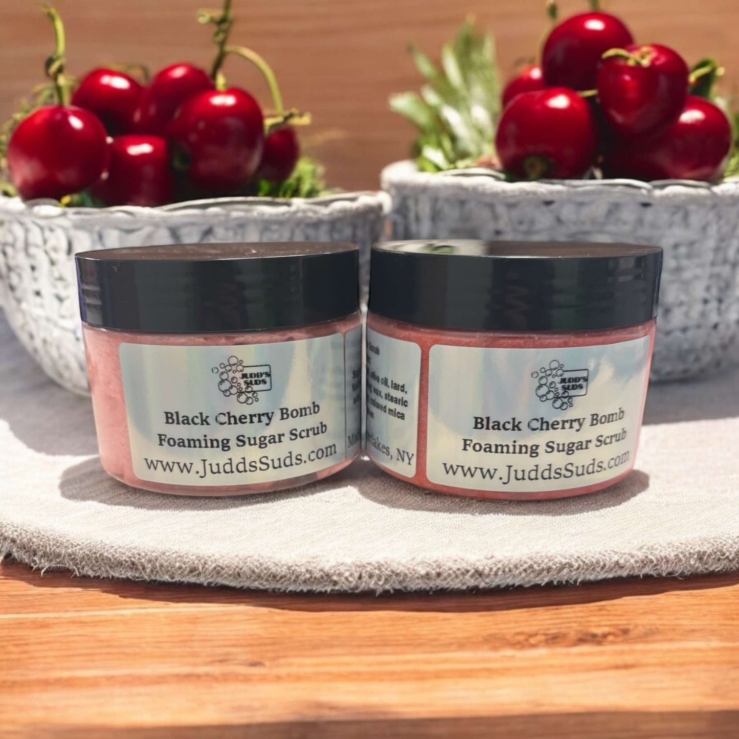 Scrub away dead skin cells and reveal silky smooth skin, with this fun brightly colored and fruity smelling sugar scrub.
Strong aroma of ripened sweet black cherries.