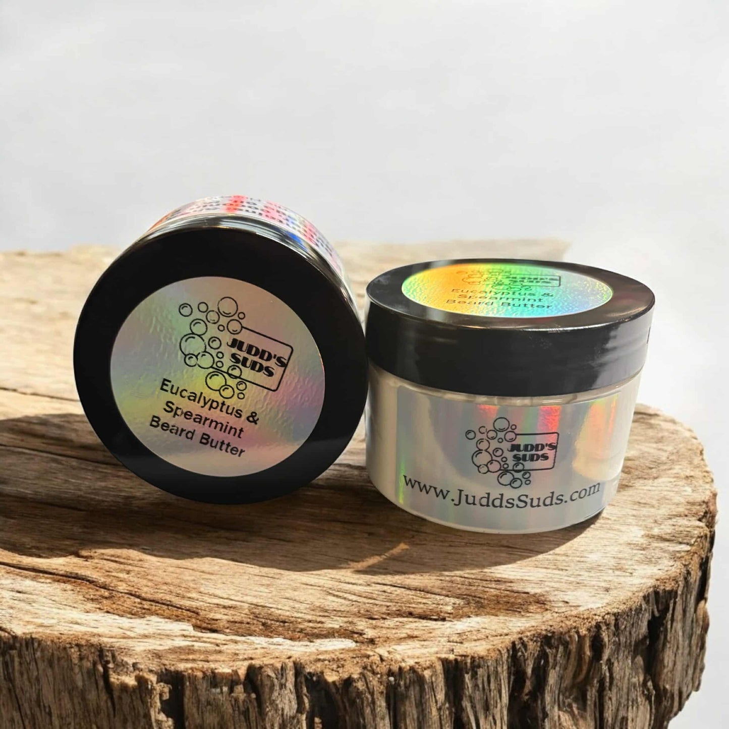 4oz jar of beard butter, white colored cream, scented with eucalyptus and spearmint