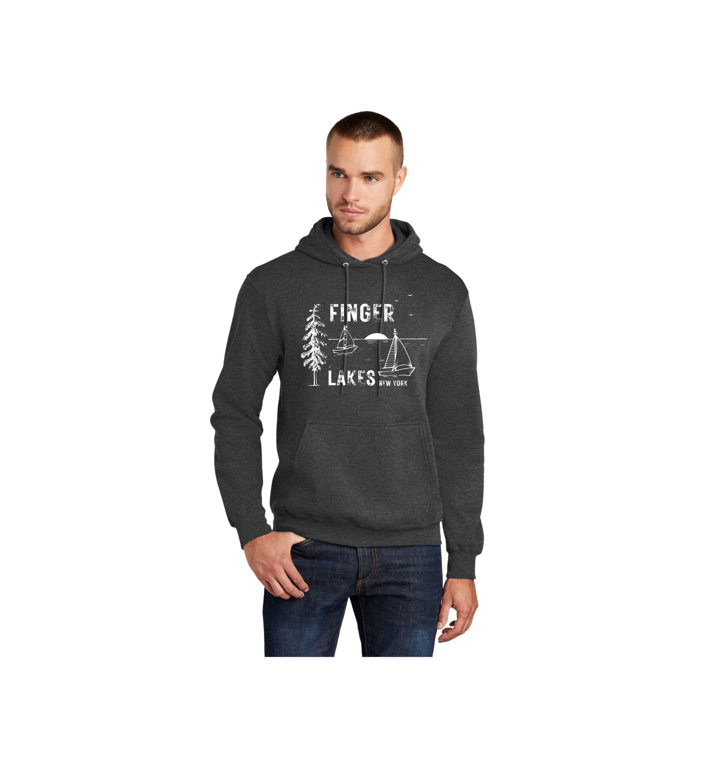 Hooded sweat shirt, colored dark gray, has a scene of a lake with a sail boat on it
