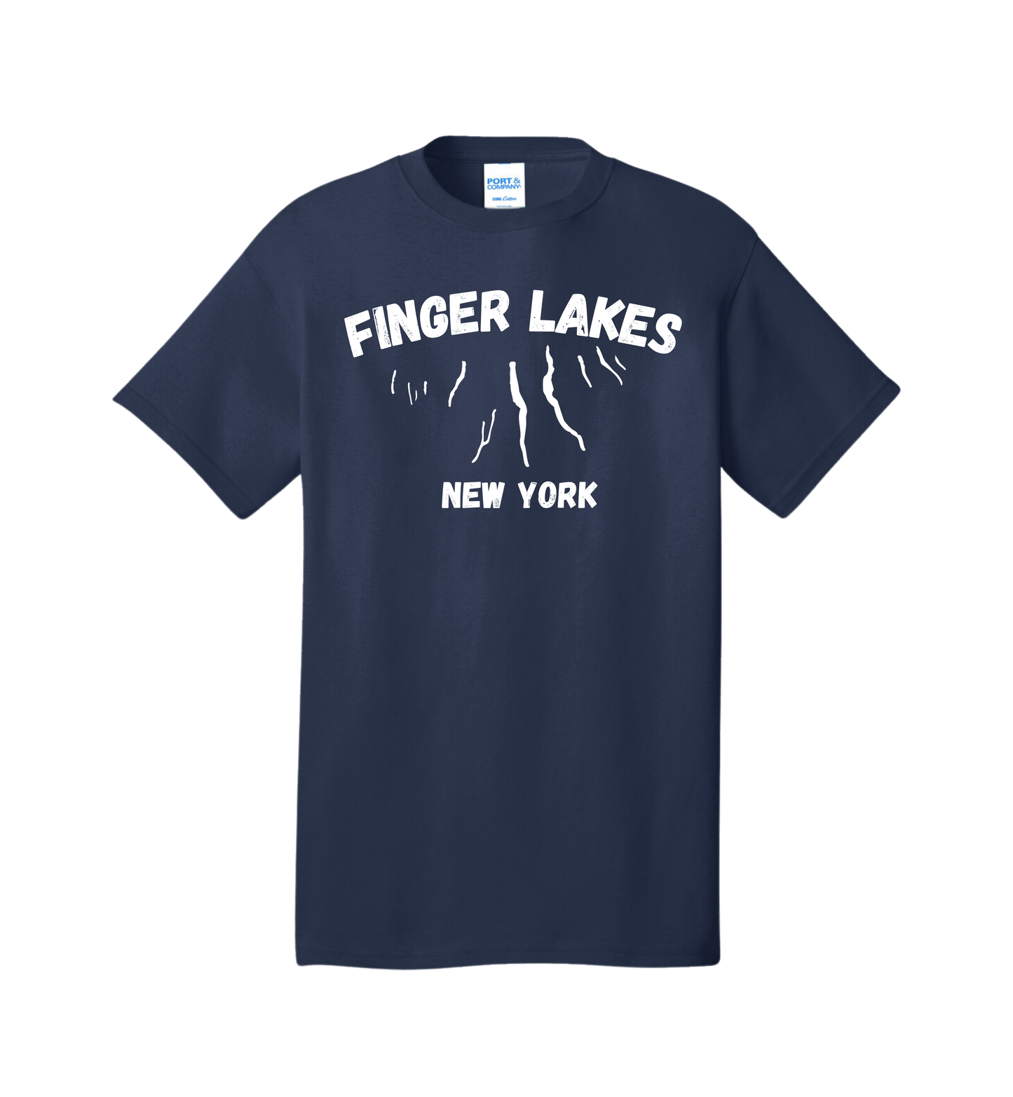 Navy blue, cotton tshirt, syas Finger Lakes New York on it. With an image of the finger lakes on it