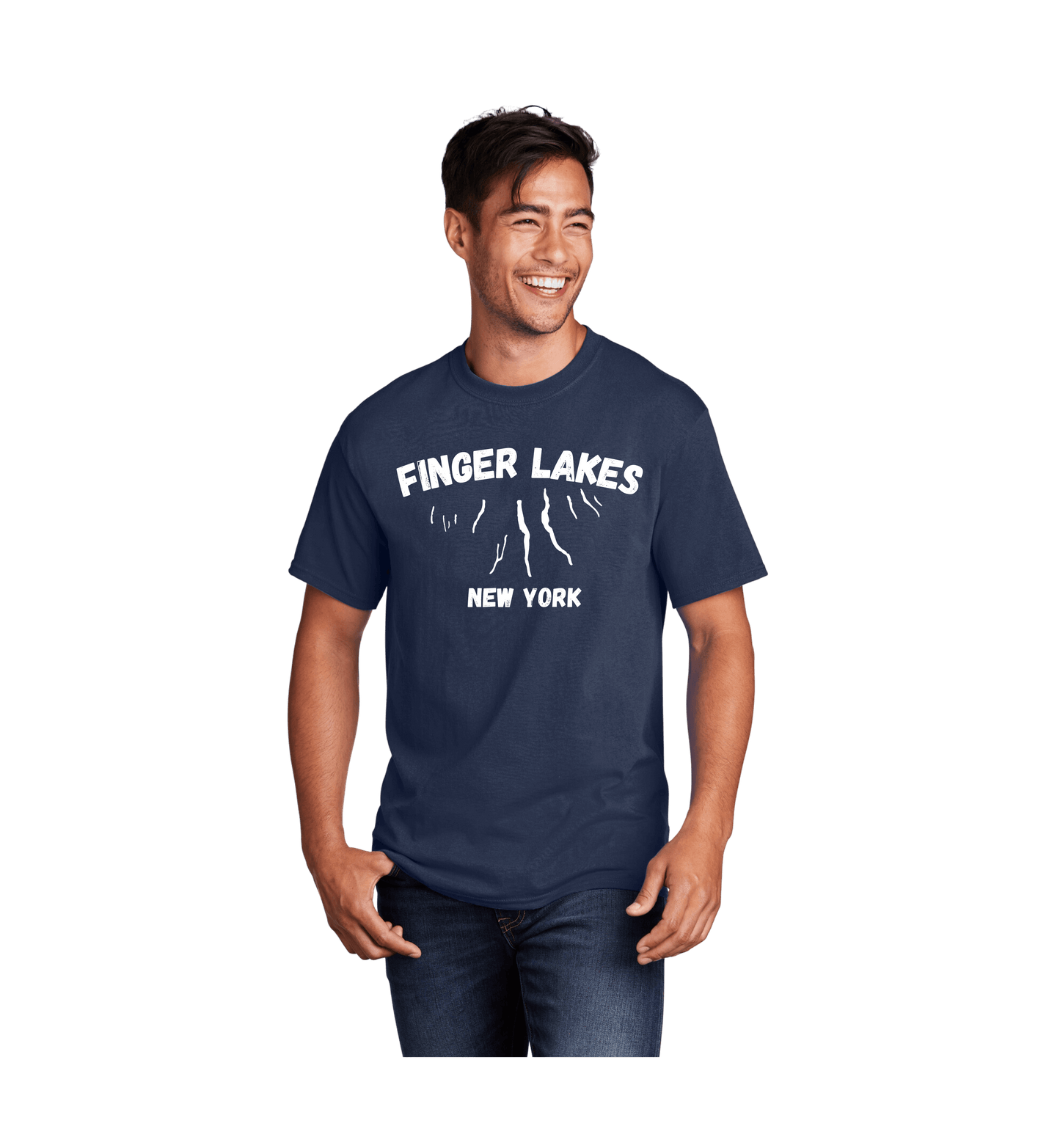 Navy blue, cotton tshirt, syas Finger Lakes New York on it. With an image of the finger lakes on it
