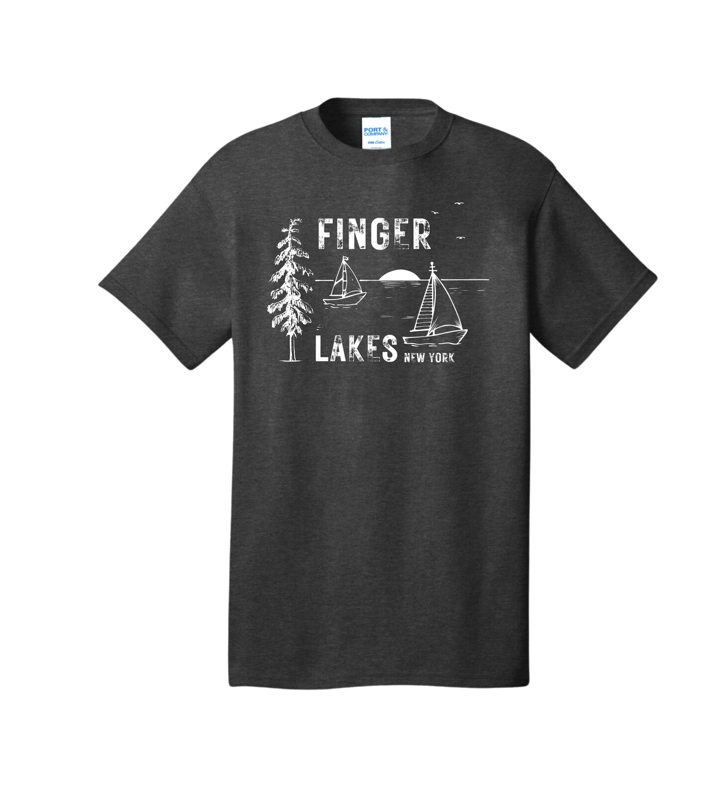 Dark gray cotton t-shirt, says Finger lakes, New York on it with a scene of a lake with sail boats