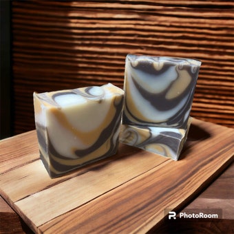 4oz bar soap, colored tan, brown and white. Scented with indian sandalwood fragrance oil