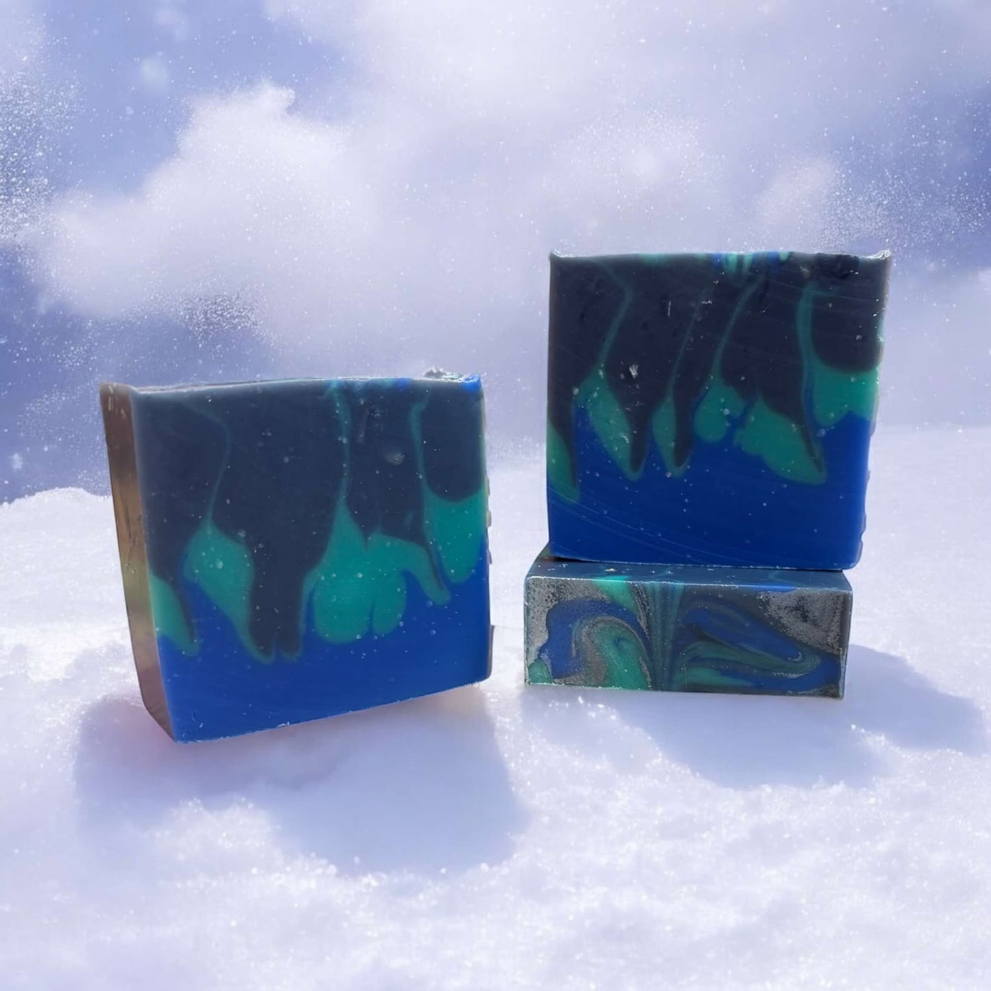 Soap bar, 4oz, colored navy blue, green and royal blue. Scented with A Thousand Dreams fragrance oil
