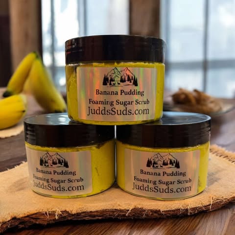 5oz jar of foaming sugar scrub, colored yellow, scented with banana pudding fragrance oil.