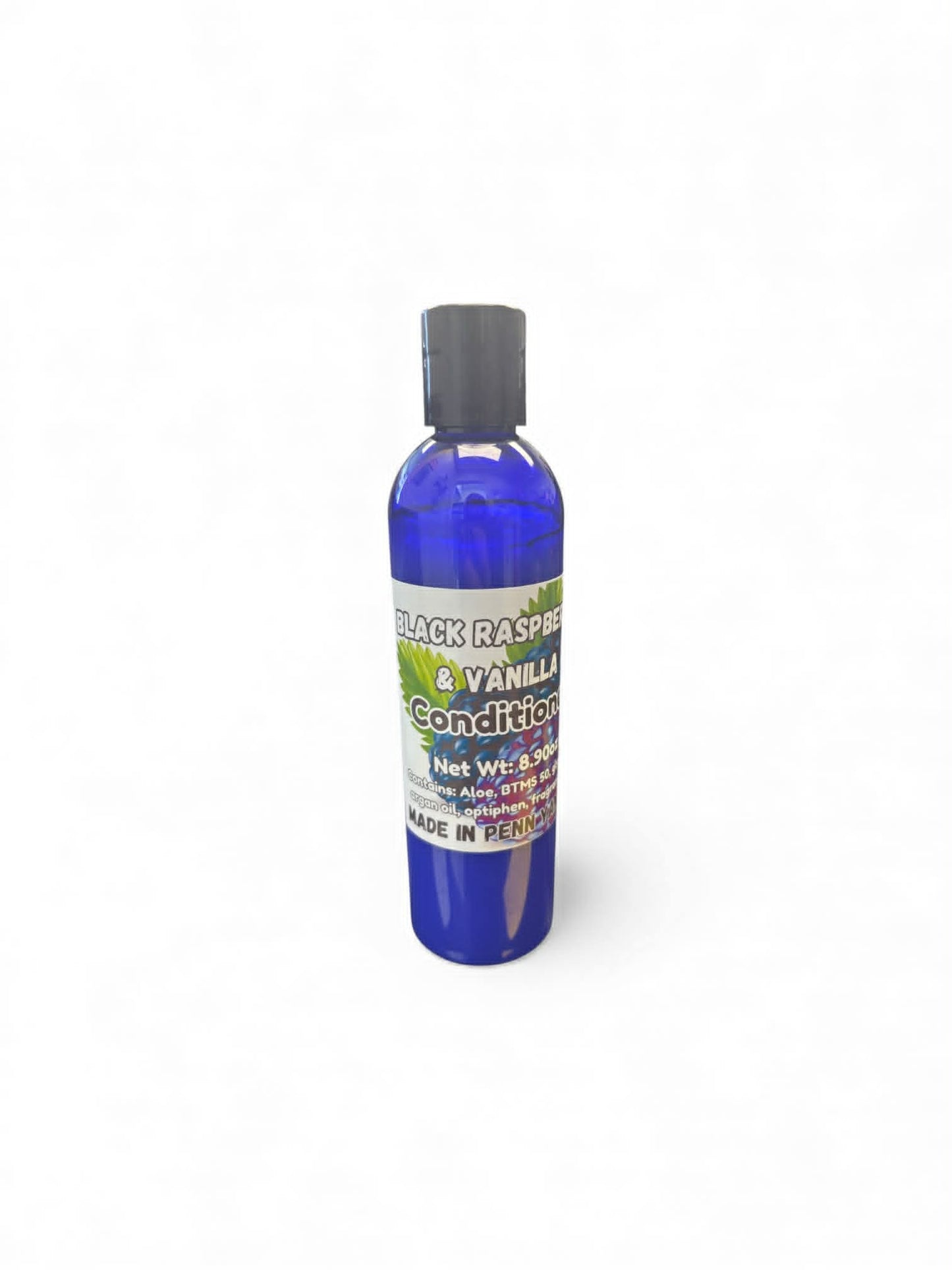 Blue bottle of black raspberry and vanilla conditioner on a white background