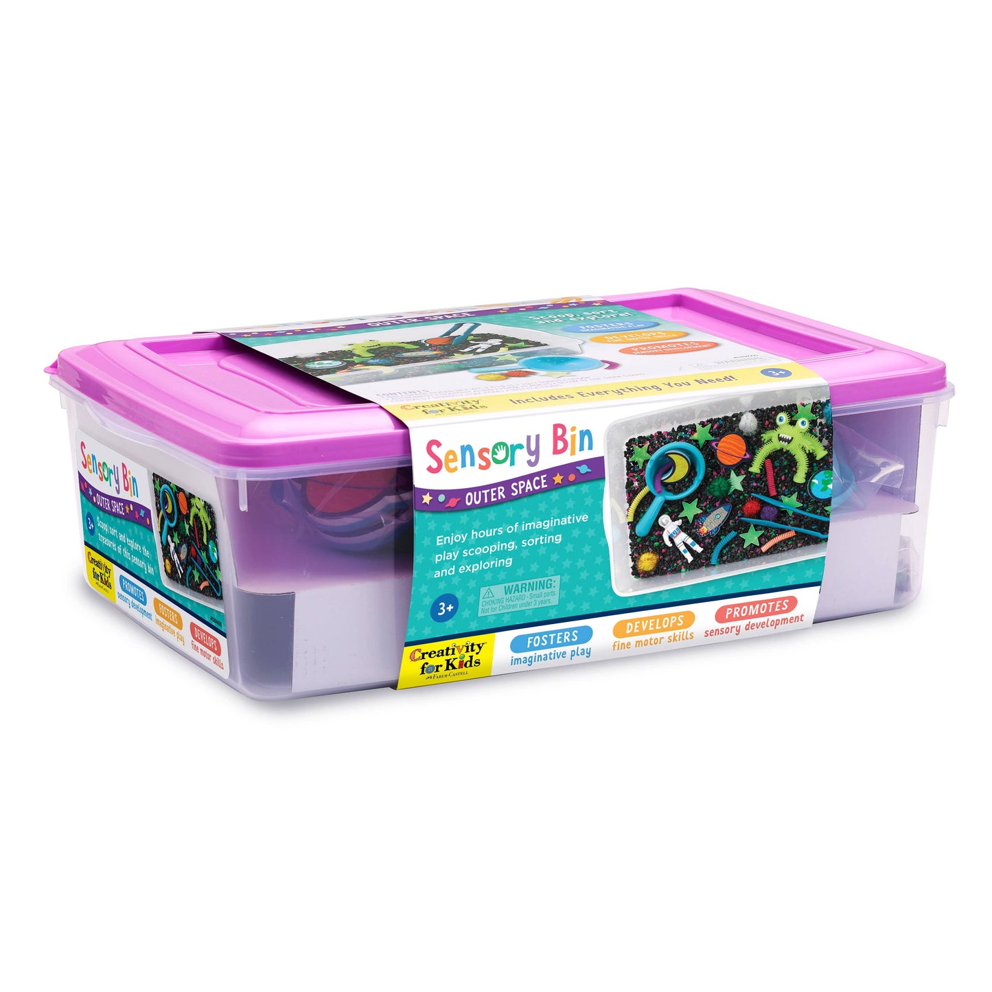 Alien sensory bin, contains space rocks, astronaut toy, squishy alien, foam planets, sparkly pom poms, tongs, spirals, glow in the dark stars, and scoop.