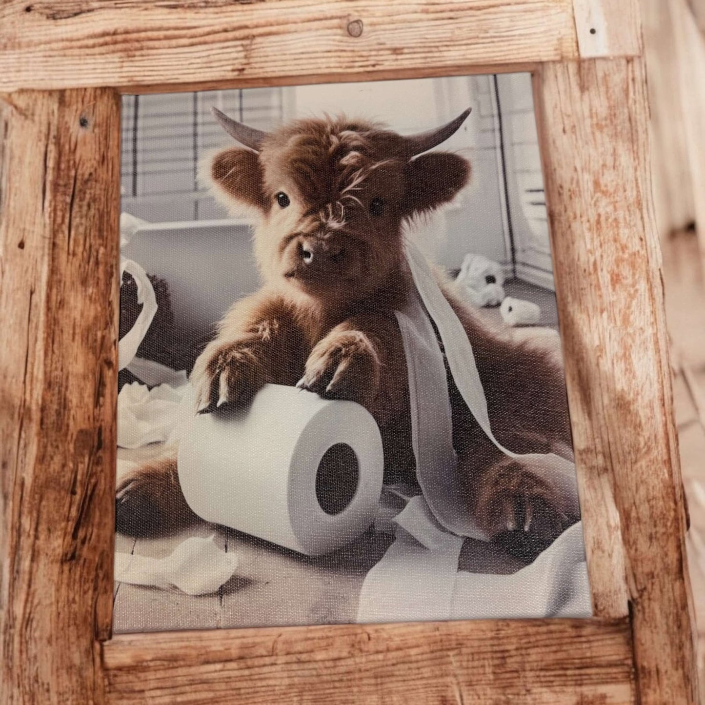 Cow Tearing Up Toilet Paper, Bathroom Decor