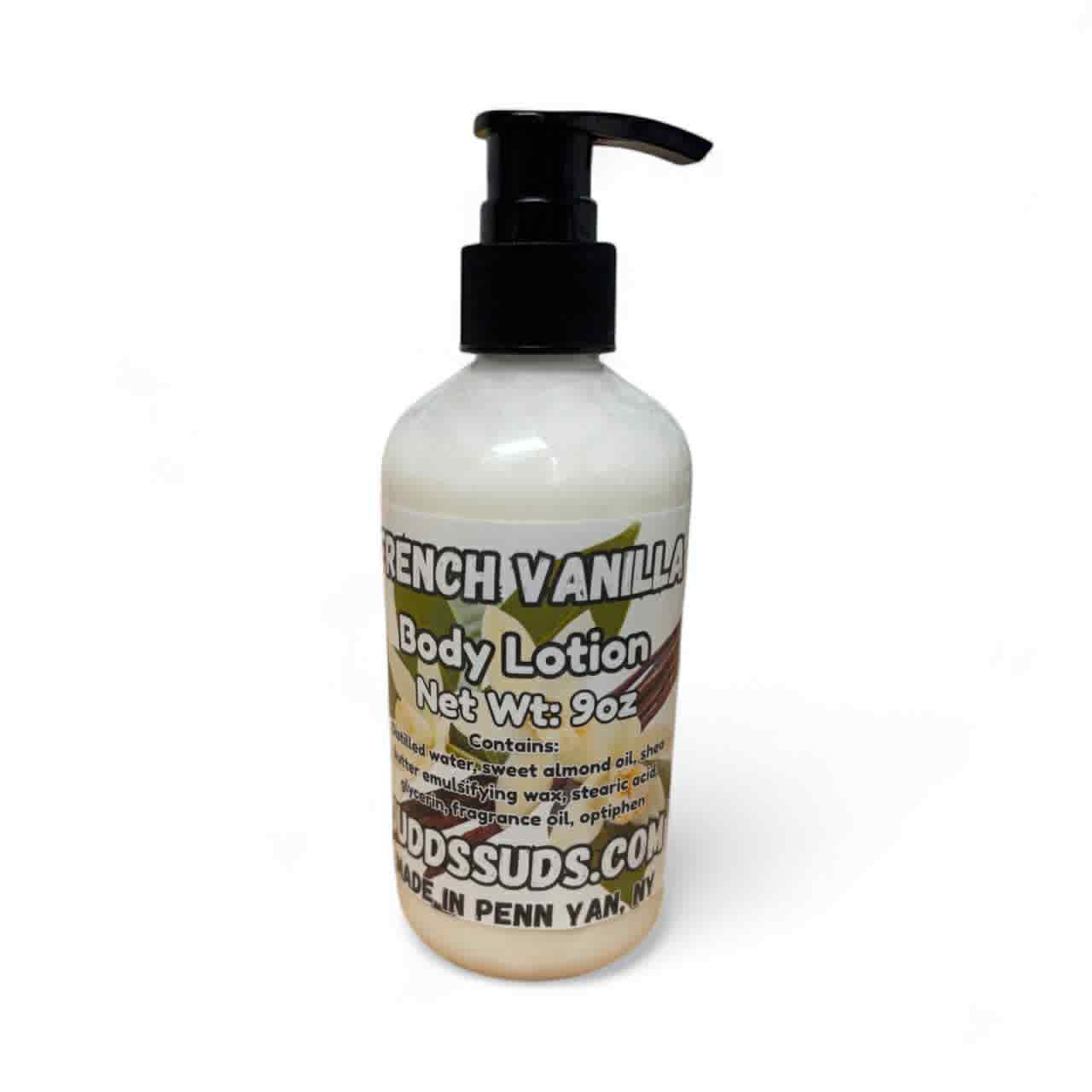 Bottle of French Vanilla body lotion with a pump on a white background