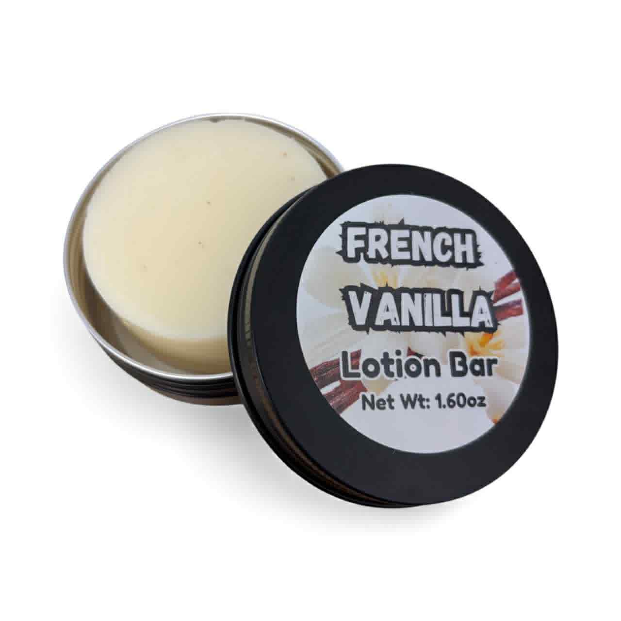 French Vanilla lotion bar in a container with a label on a white background