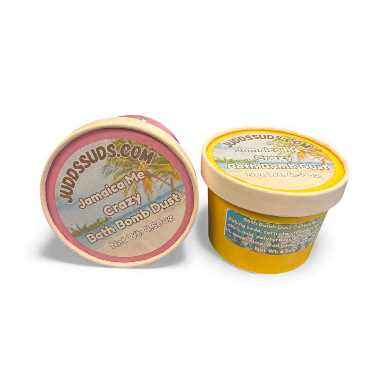 Judds Suds Jamaica Me Crazy Bath Bomb Dust container with lid on a white background