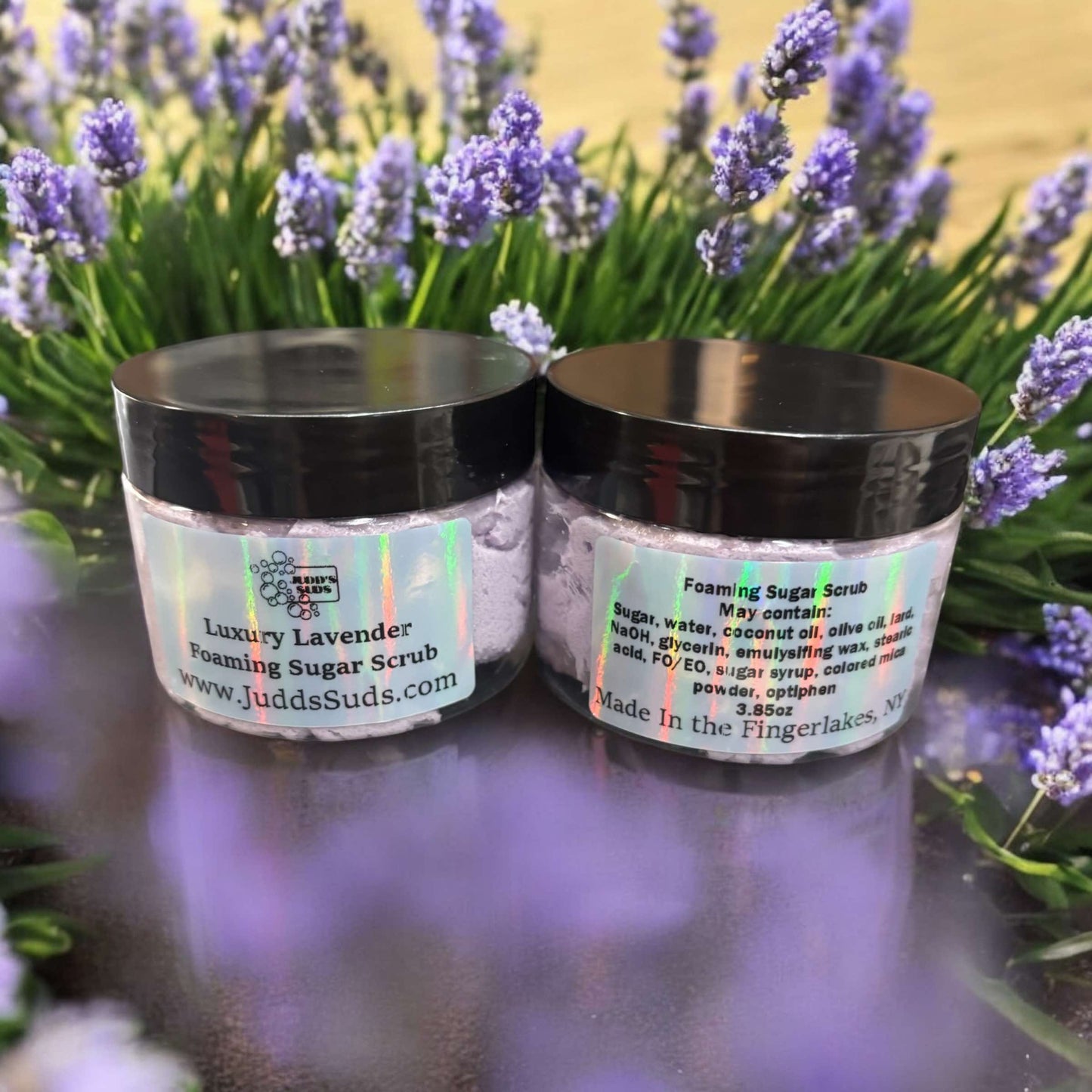 5oz jar of foaming sugar scrub, colored purple. Scented with luxury lavender fragrance oil.
