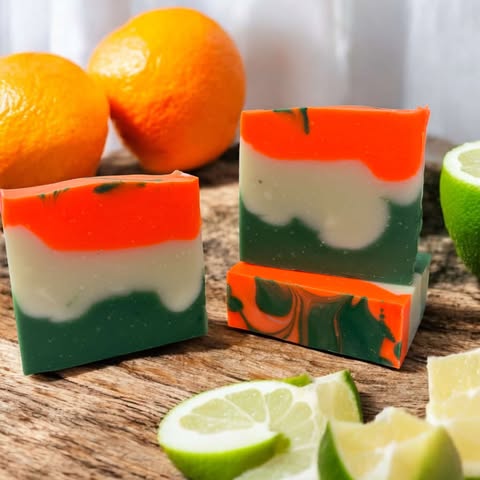 4oz soap bar, colored orange, white and green. Scented with orange and lime essential oil