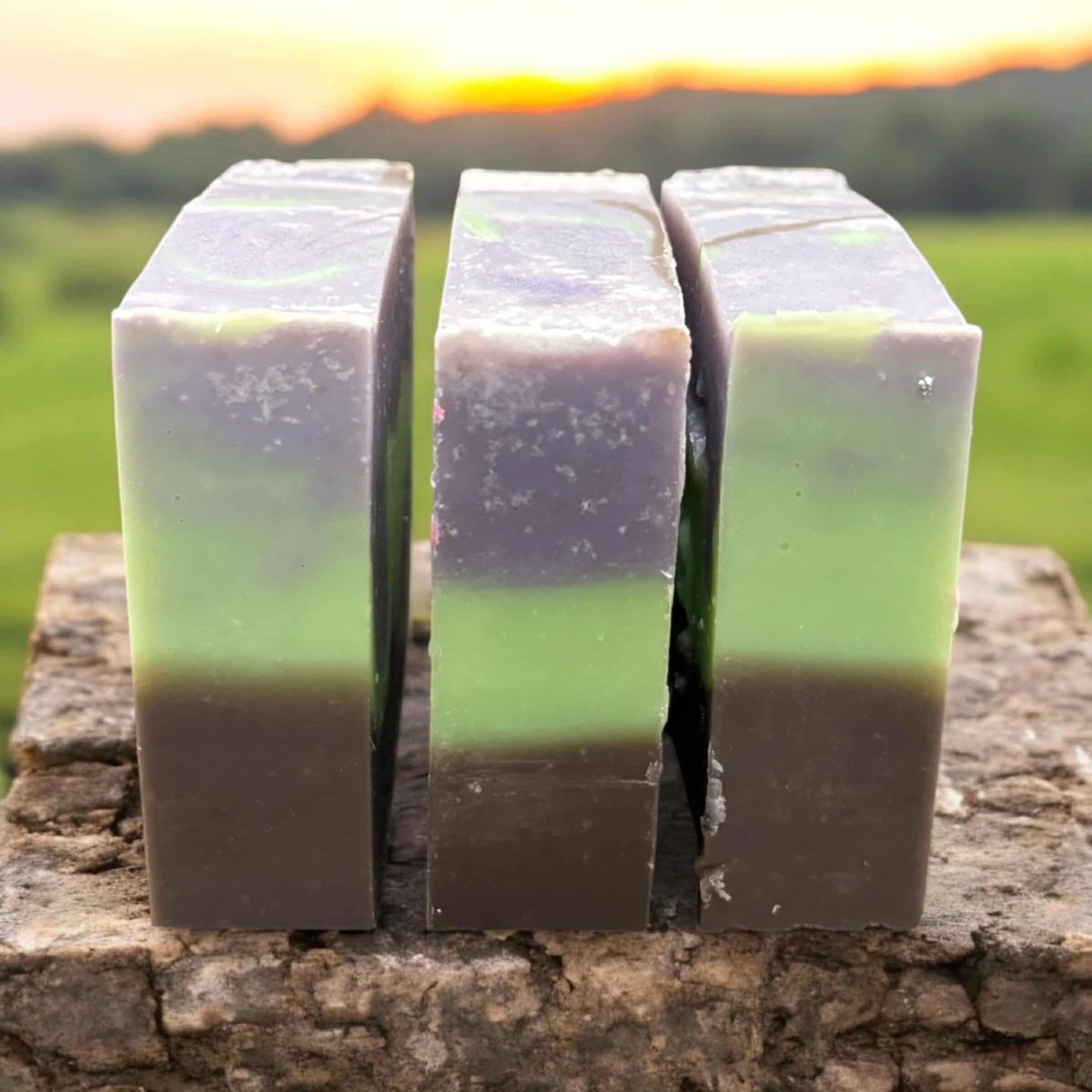 4oz soap bar, colored purple , green and brown, scented with patchouli sandalwood fragrance oil