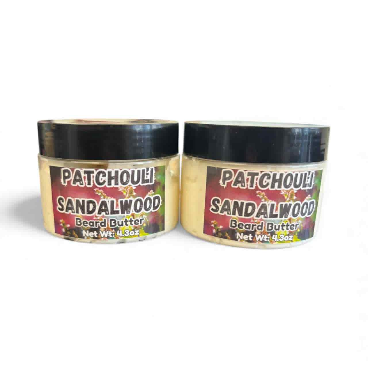 Two jars of Patchouli Sandalwood beard butter on a white background