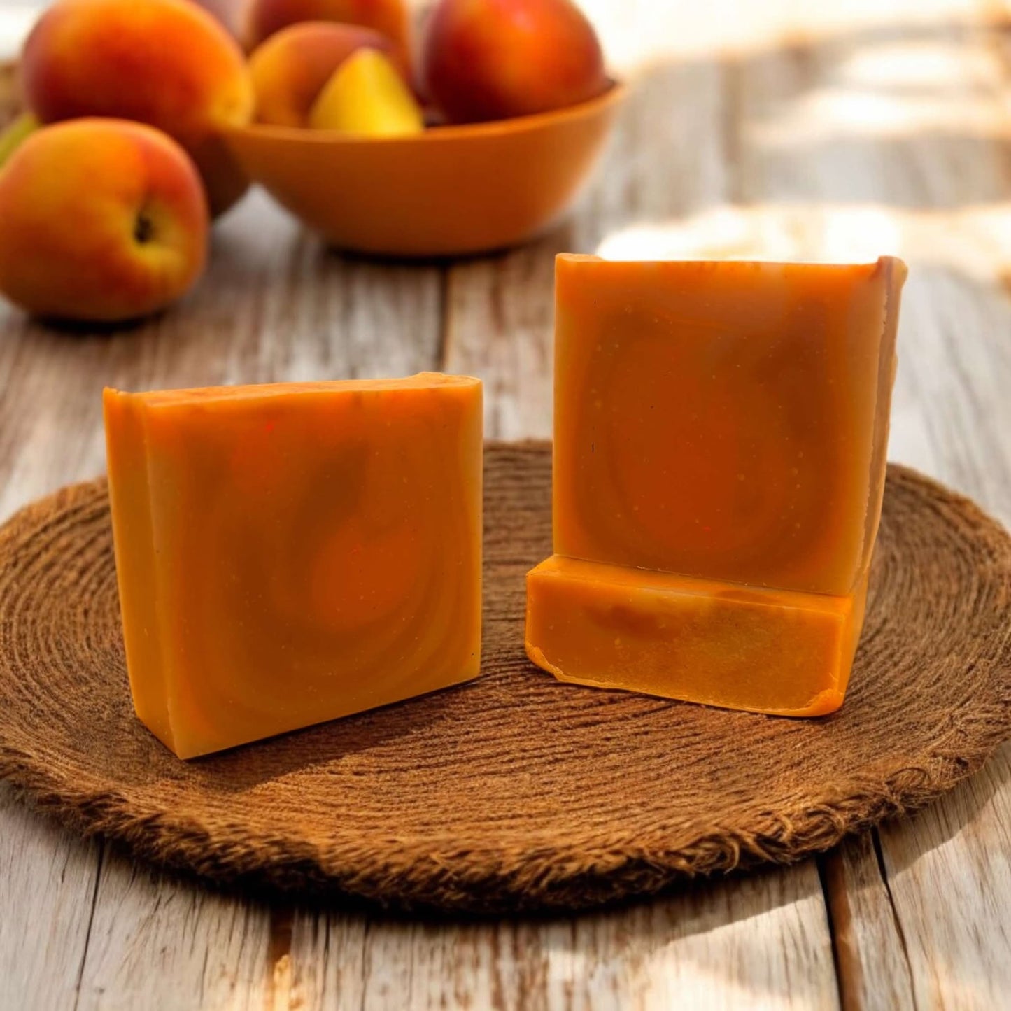 Bath & Body soap bar, oz, colored peach, orange and brown. Scented with peach nectar fragrance oil
