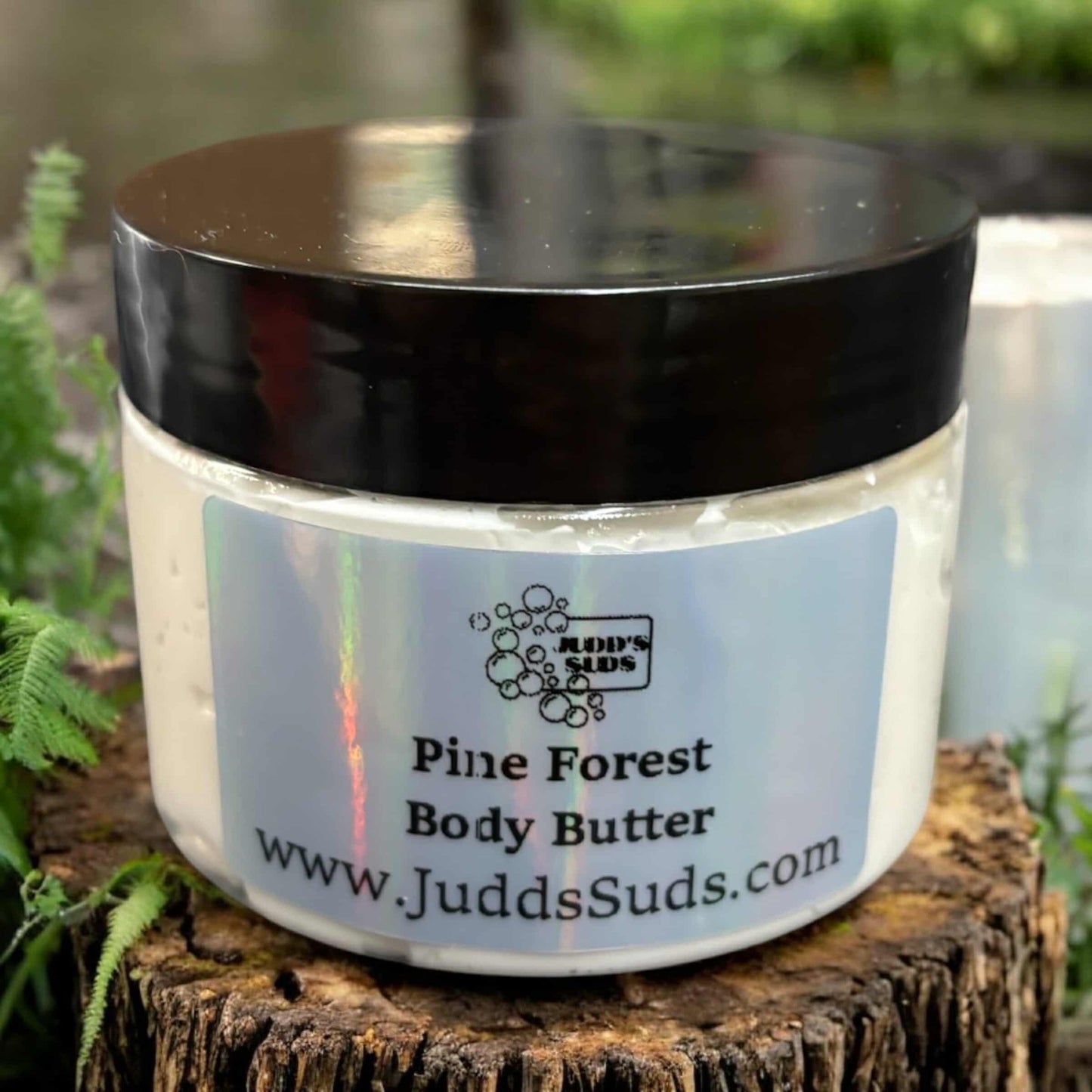 4oz jar, filled with white lotion, scented with pine forest fragrance oil