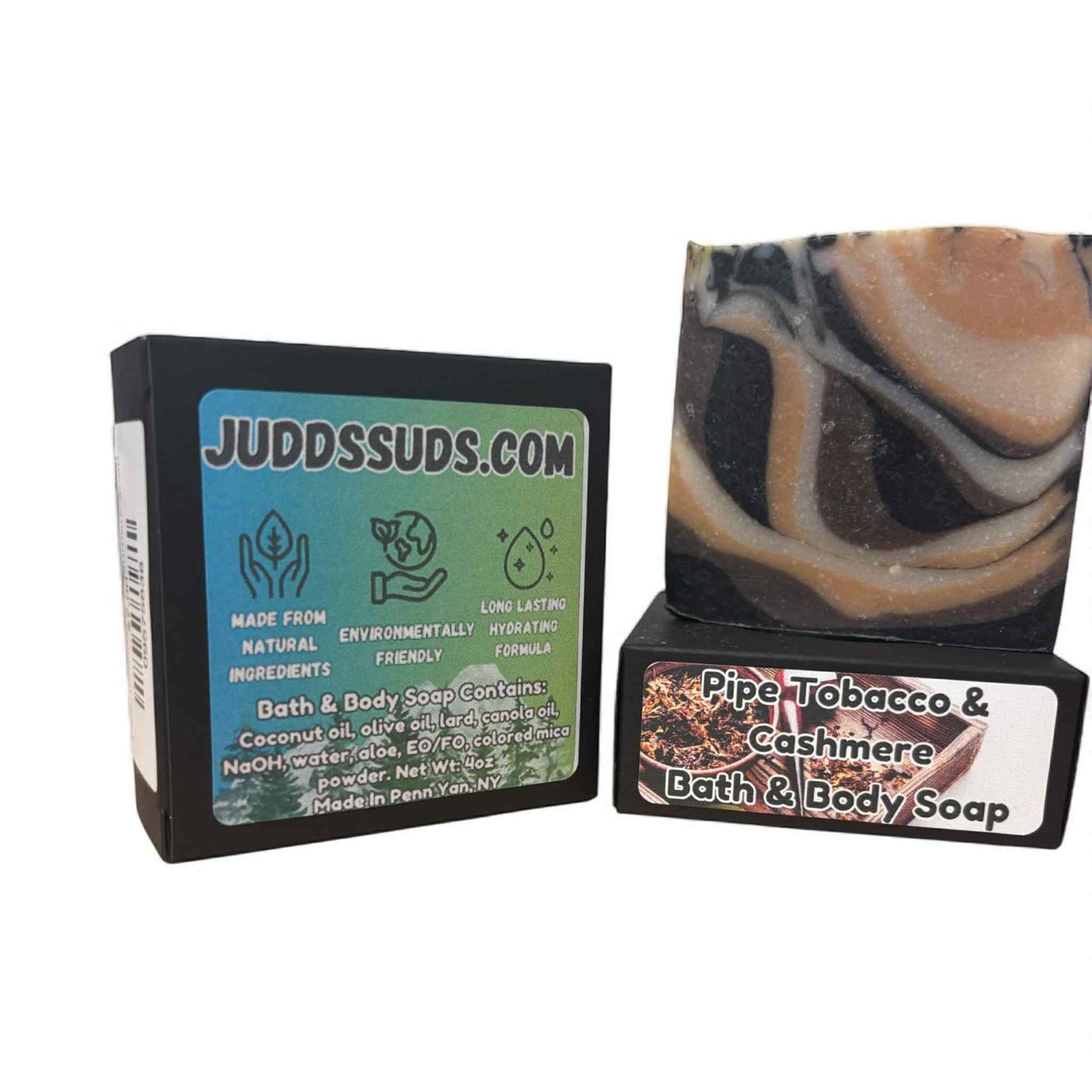 Pipe Tobacco & Cashmere bath and body soap with packaging on a white background