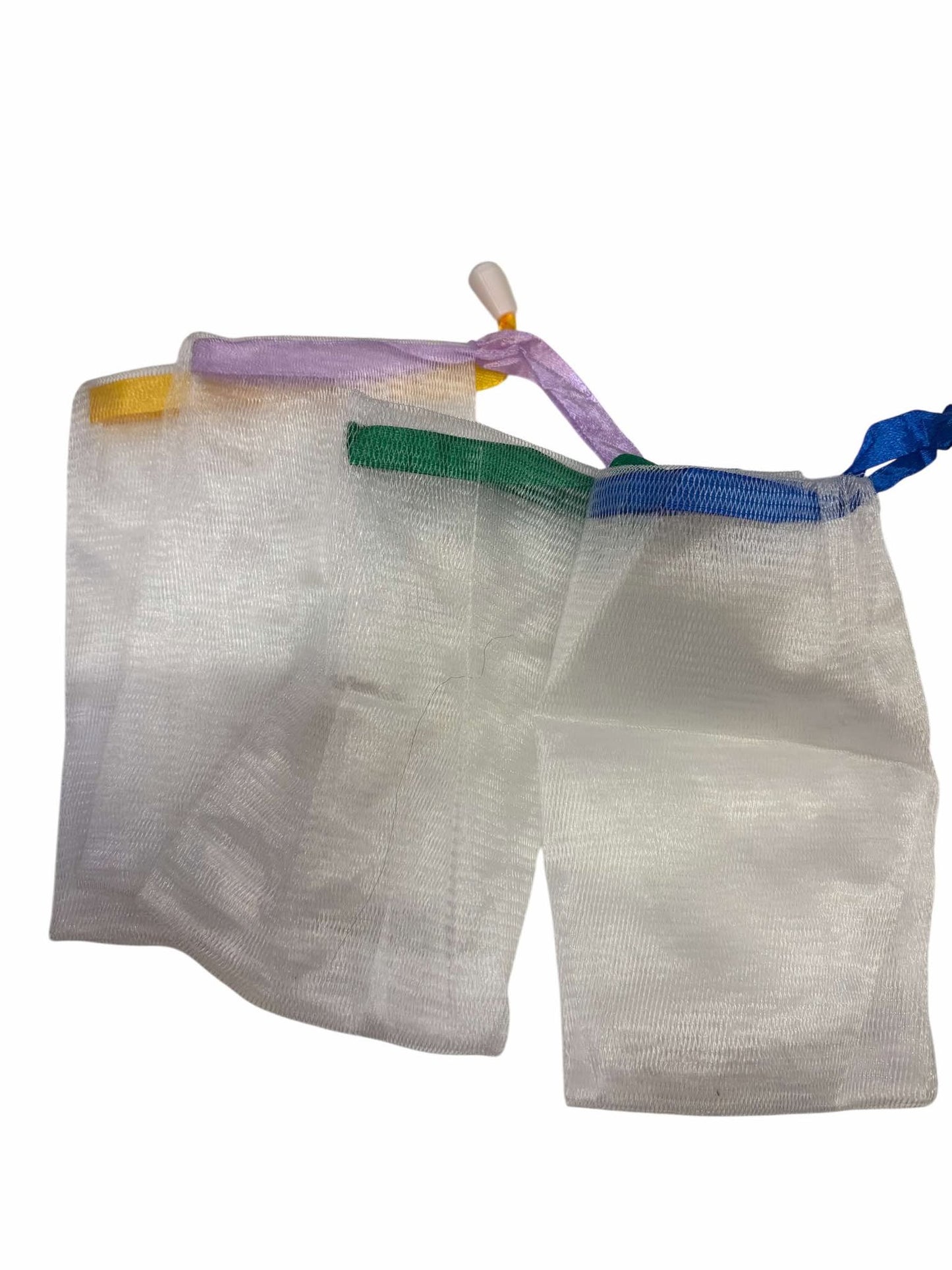 mesh soap bag, variety of colors, helps soaps to suds up better. Hang to dry no mess in the shower