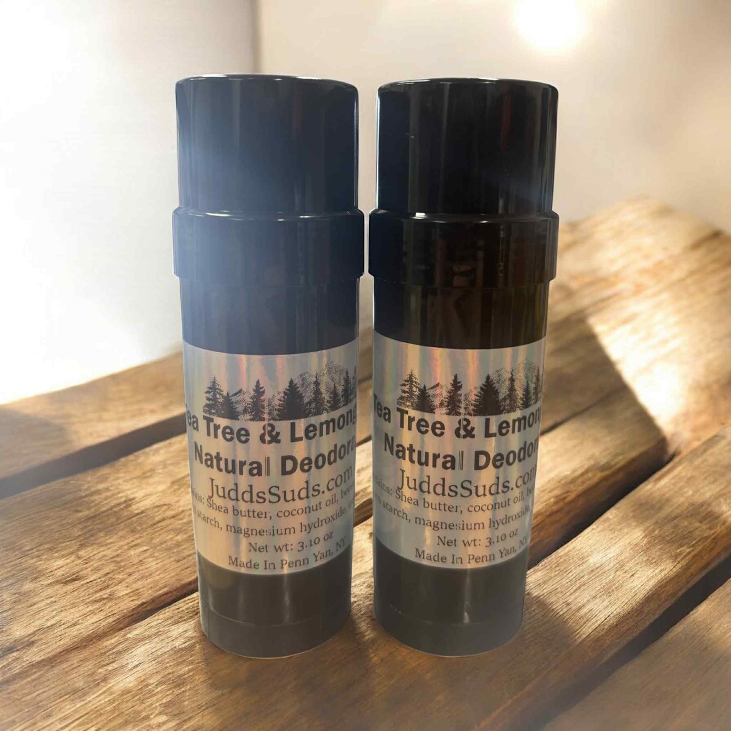 3oz deodorant tube, aluminum & phosphate free. Scented with tea tree and lemongrass essential oil