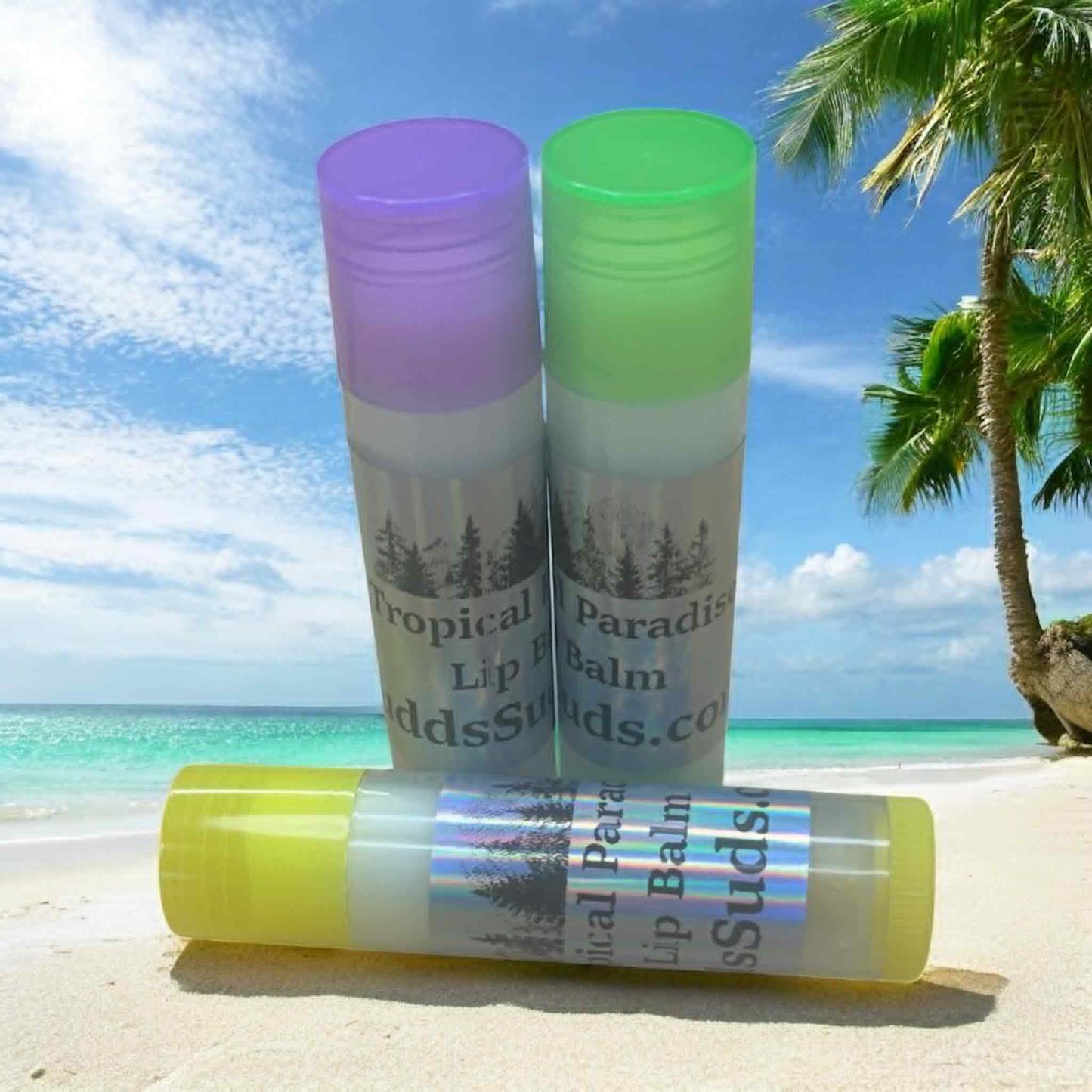 lip balm tube filled with moisturizing ingredients. Scented with tropical paradise lip oil
