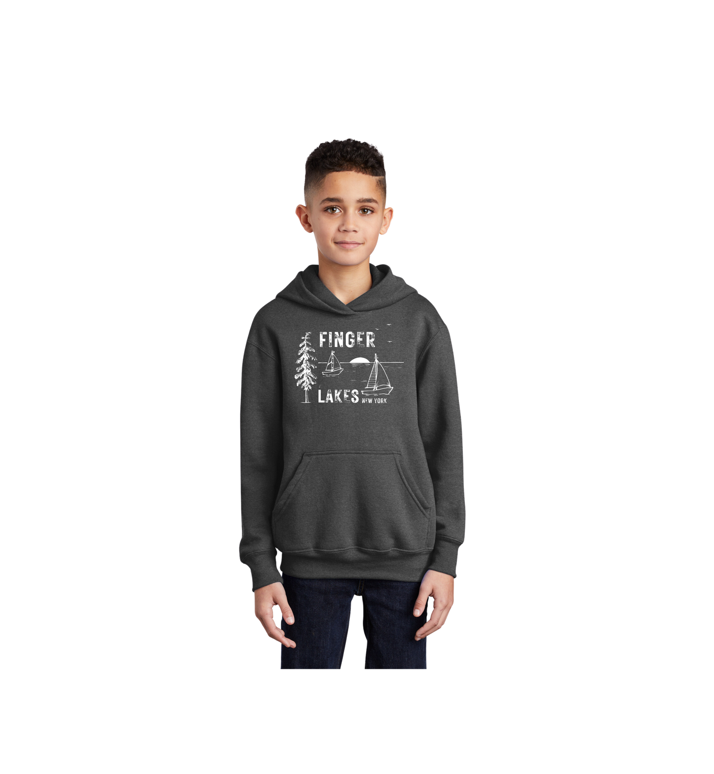 Hooded sweat shirt, colored dark gray, has a scene of a lake with a sail boat on it.