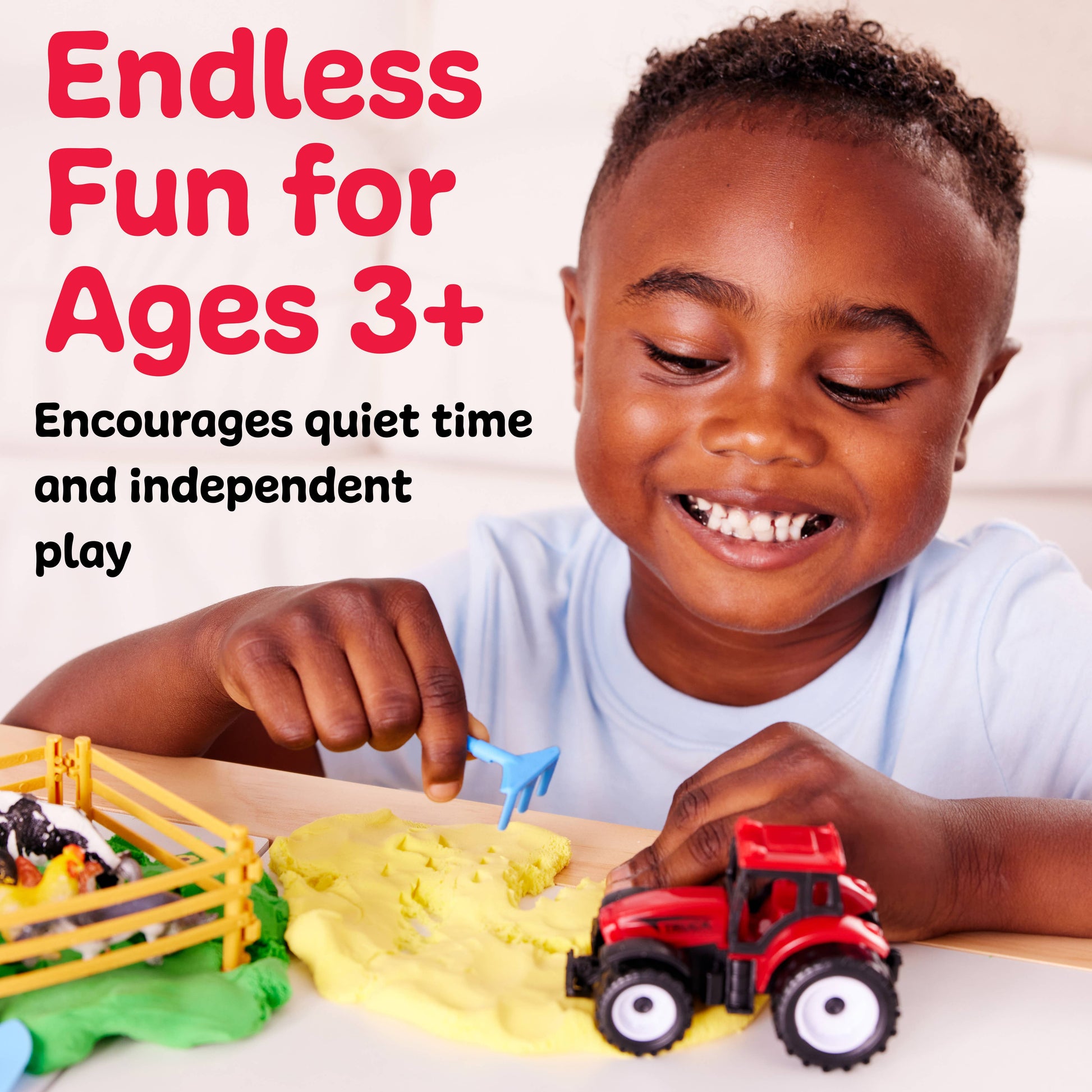 Sensory bag contains, tractor, clay beads, spade, shovel, rake, farm animals. fences, cloud clay.