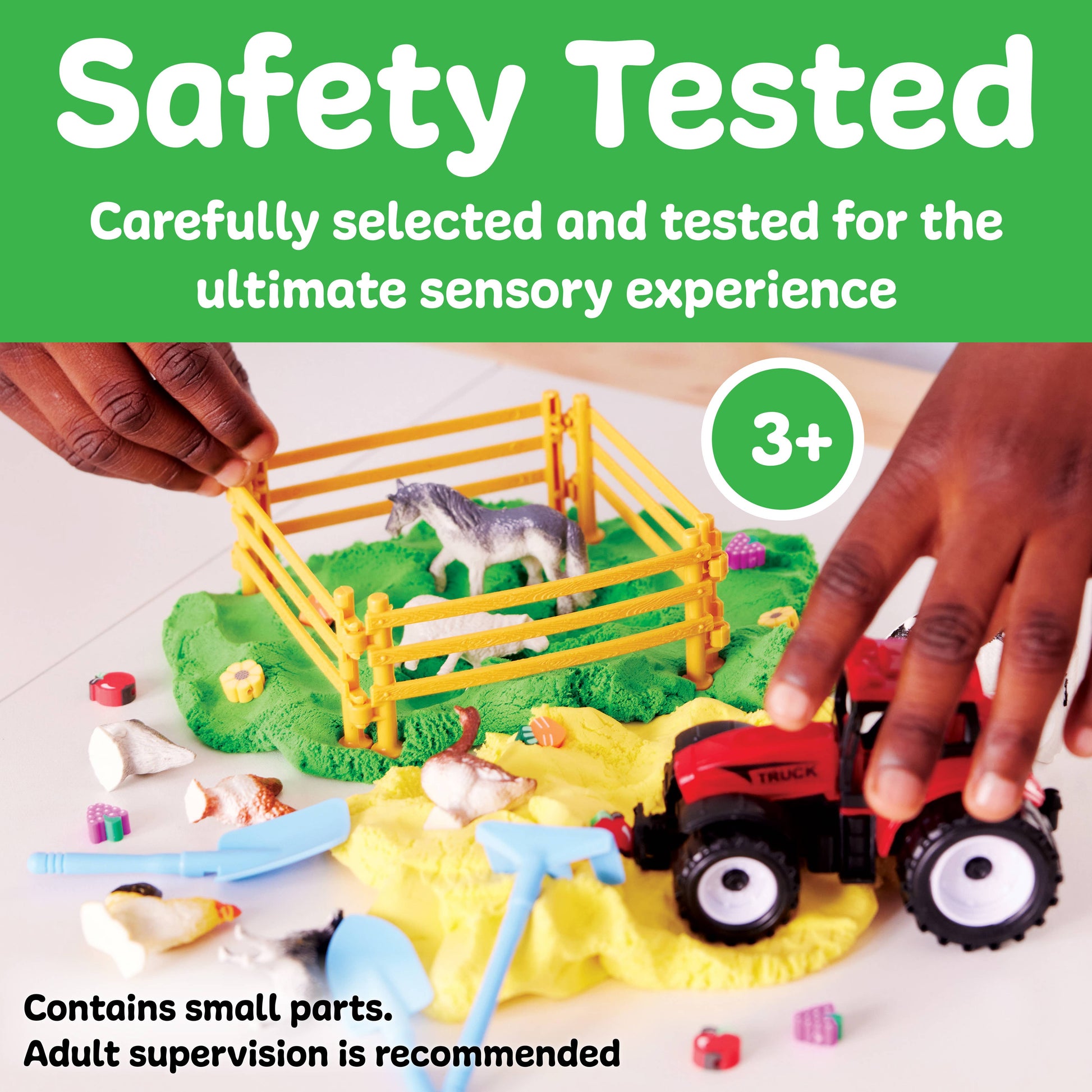 Sensory bag contains, tractor, clay beads, spade, shovel, rake, farm animals. fences, cloud clay.