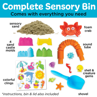 Sensory bin contents including sand, molds, toys, and clings on a white background with blue border.