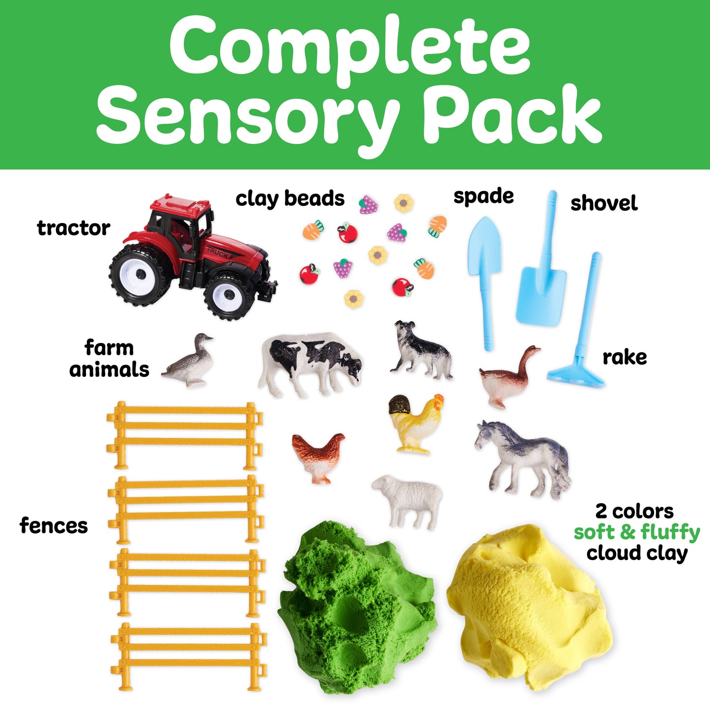 Sensory bag contains, tractor, clay beads, spade, shovel, rake, farm animals. fences, cloud clay. 