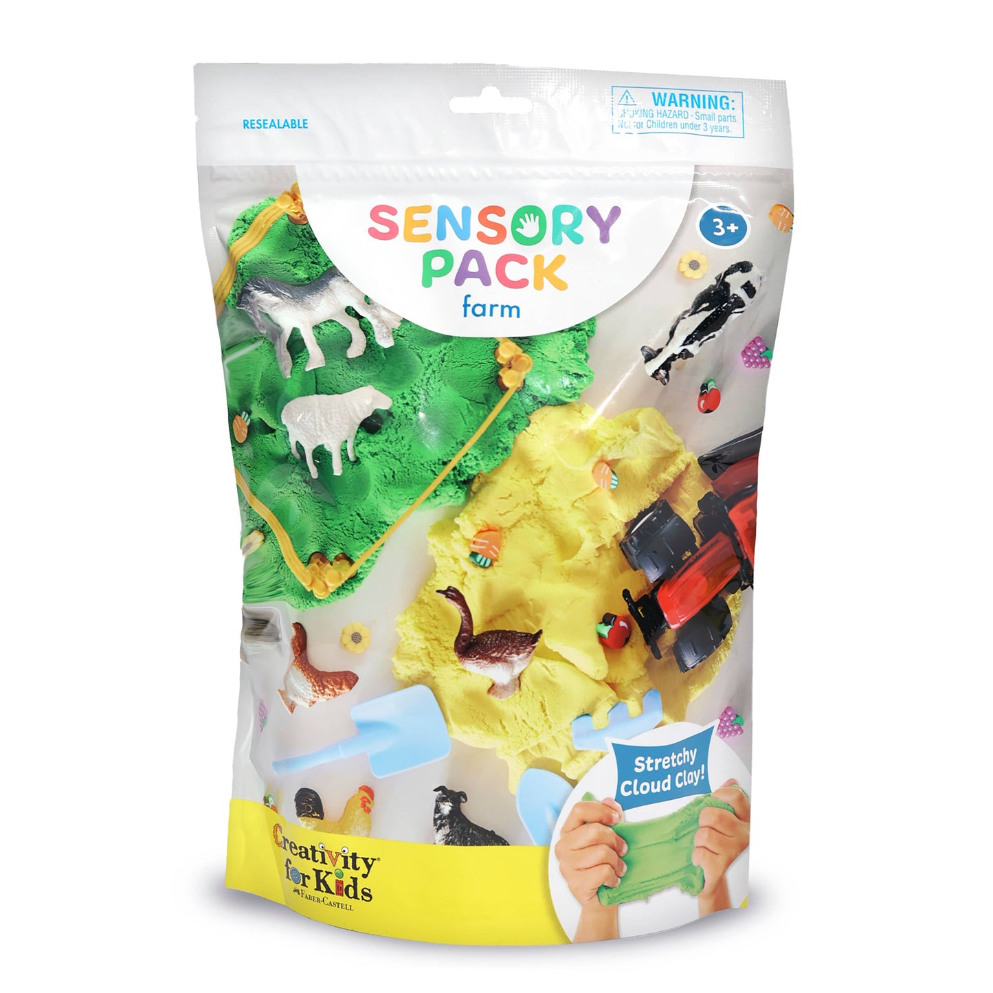 Sensory bag contains, tractor, clay beads, spade, shovel, rake, farm animals. fences, cloud clay.