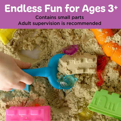 Children playing with sand toys in a sandbox, with text about age suitability and supervision.
