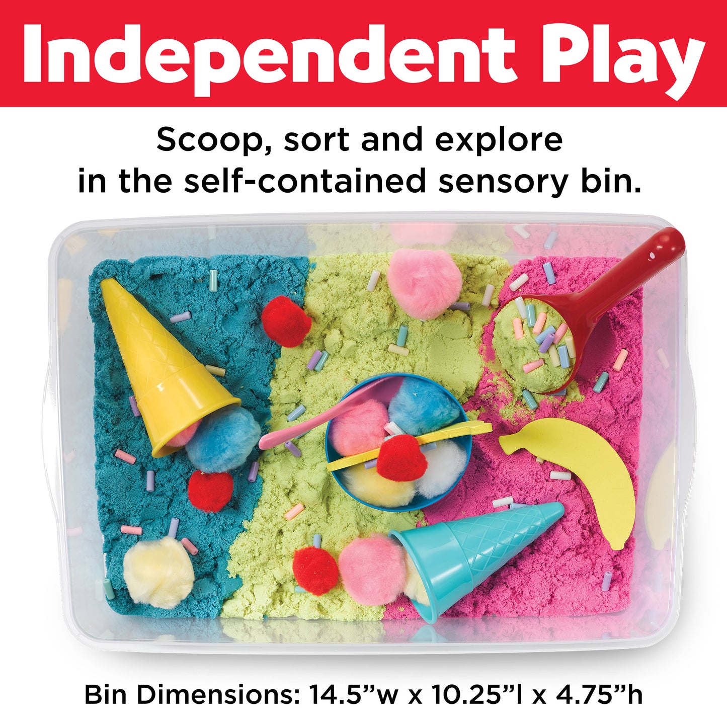 Sensory bin contains, sensory sand, foam bananas, ice cream cones, spoon, ice cream scoop, rainbow beads, bowl, and pom poms