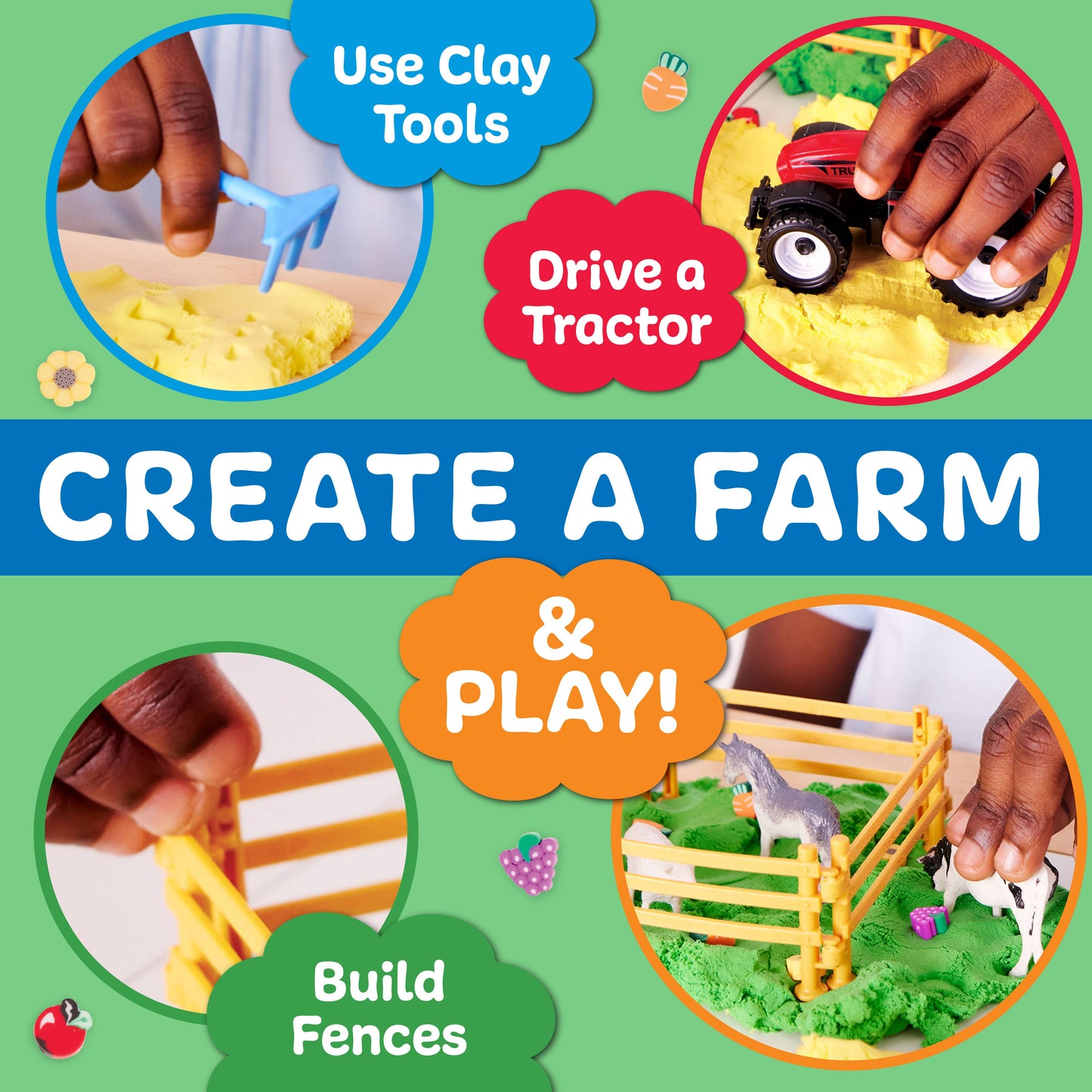 Sensory bag contains, tractor, clay beads, spade, shovel, rake, farm animals. fences, cloud clay.