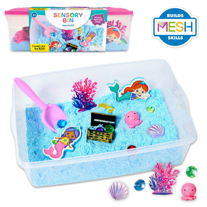 Make playtime magical with the Mermaid Sensory Bin! Filled with sparkly sand, seashells, and mermaid treasures for hands-on, creative sensory fun. Perfect for kids ages 3+.
