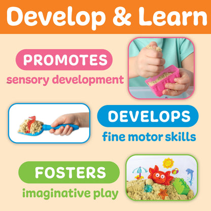 Product advertisement for children's utensils with text on sensory development, fine motor skills, and imaginative play.