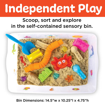 Sensory bin with colorful tools and sand, labeled 'Independent Play' with dimensions.