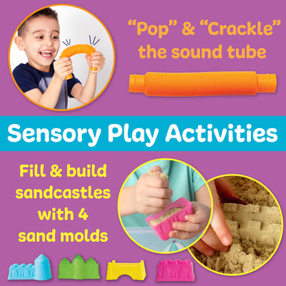 Promotional image for sensory play activities with a child using a sound tube and sand molds.
