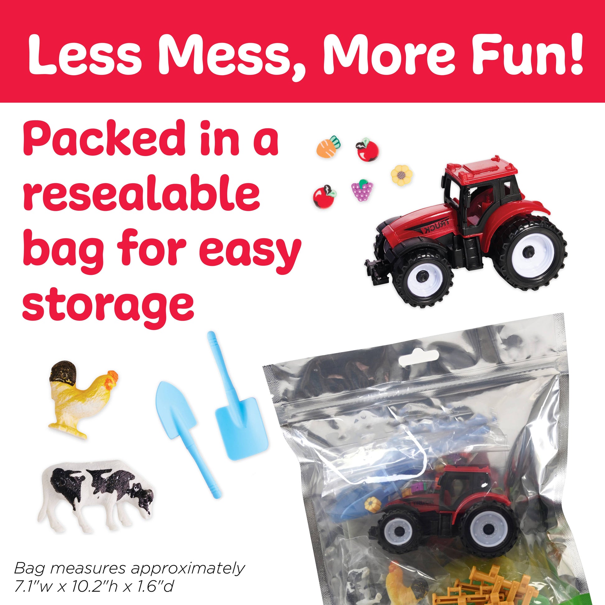Sensory bag contains, tractor, clay beads, spade, shovel, rake, farm animals. fences, cloud clay.