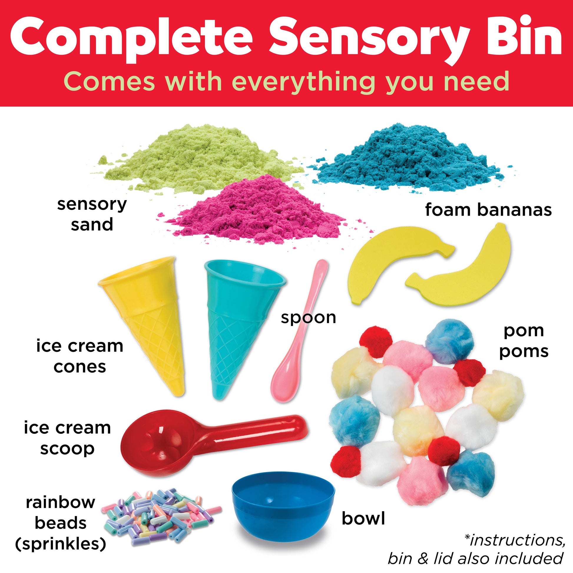 Sensory bin contains, sensory sand, foam bananas, ice cream cones, spoon, ice cream scoop, rainbow beads, bowl, and pom poms