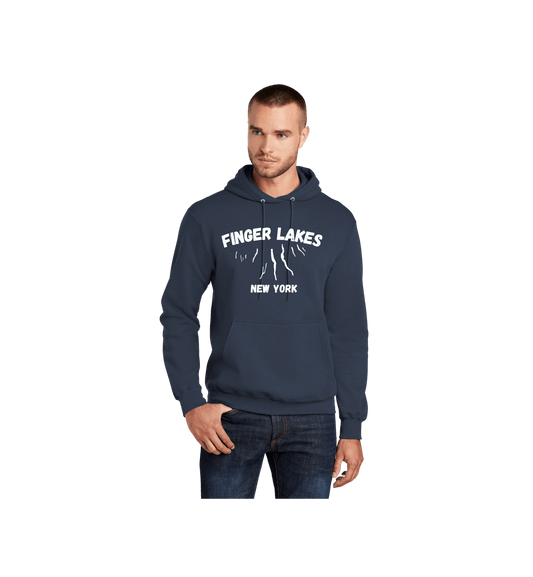 Navy blue, hooded sweat shirt. Has the words Finger Lakes New York on it, with an image of the finger lakes. 