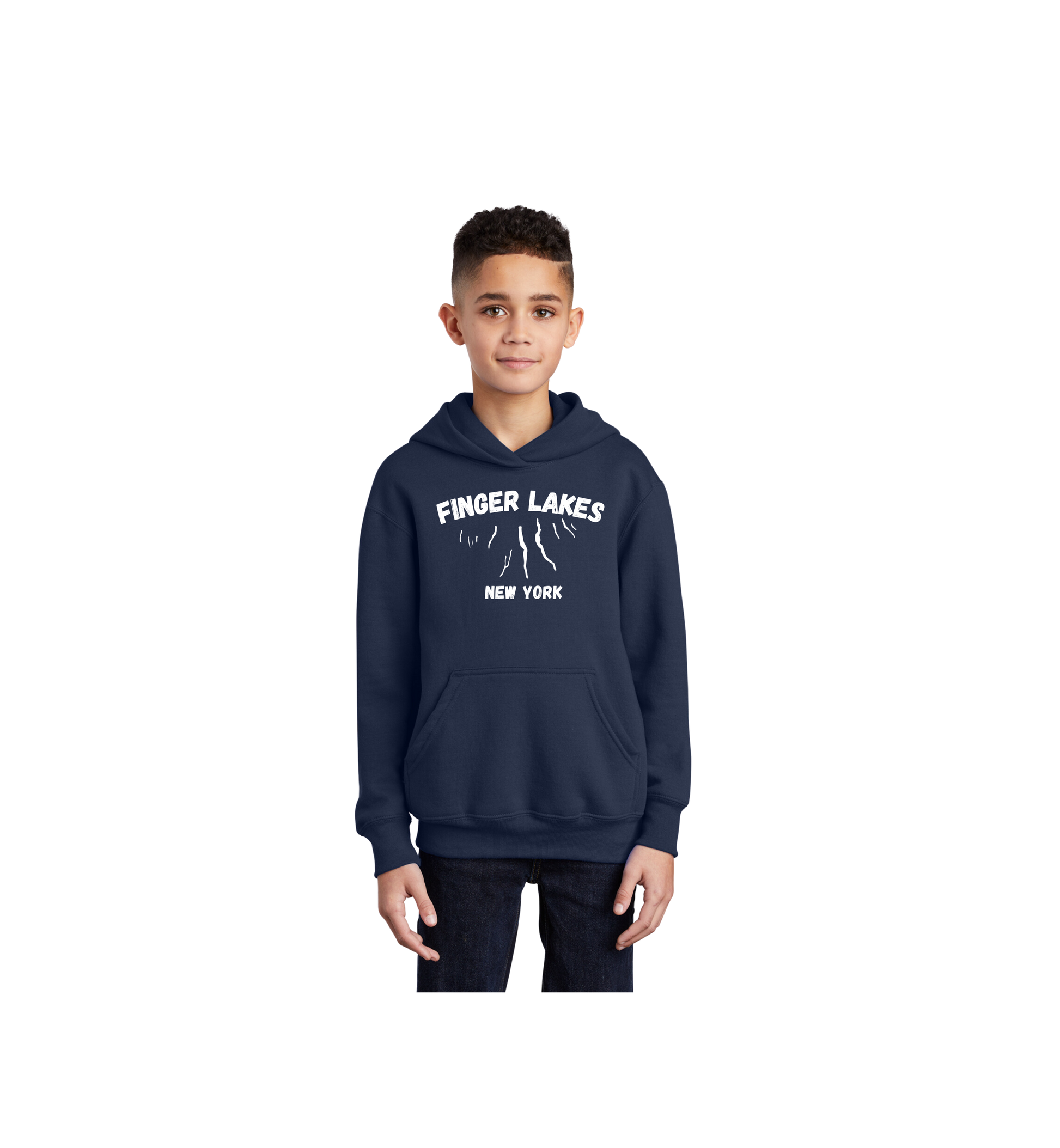 Navy blue, hooded sweat shirt. Has the words Finger Lakes New York on it, with an image of the finger lakes. 