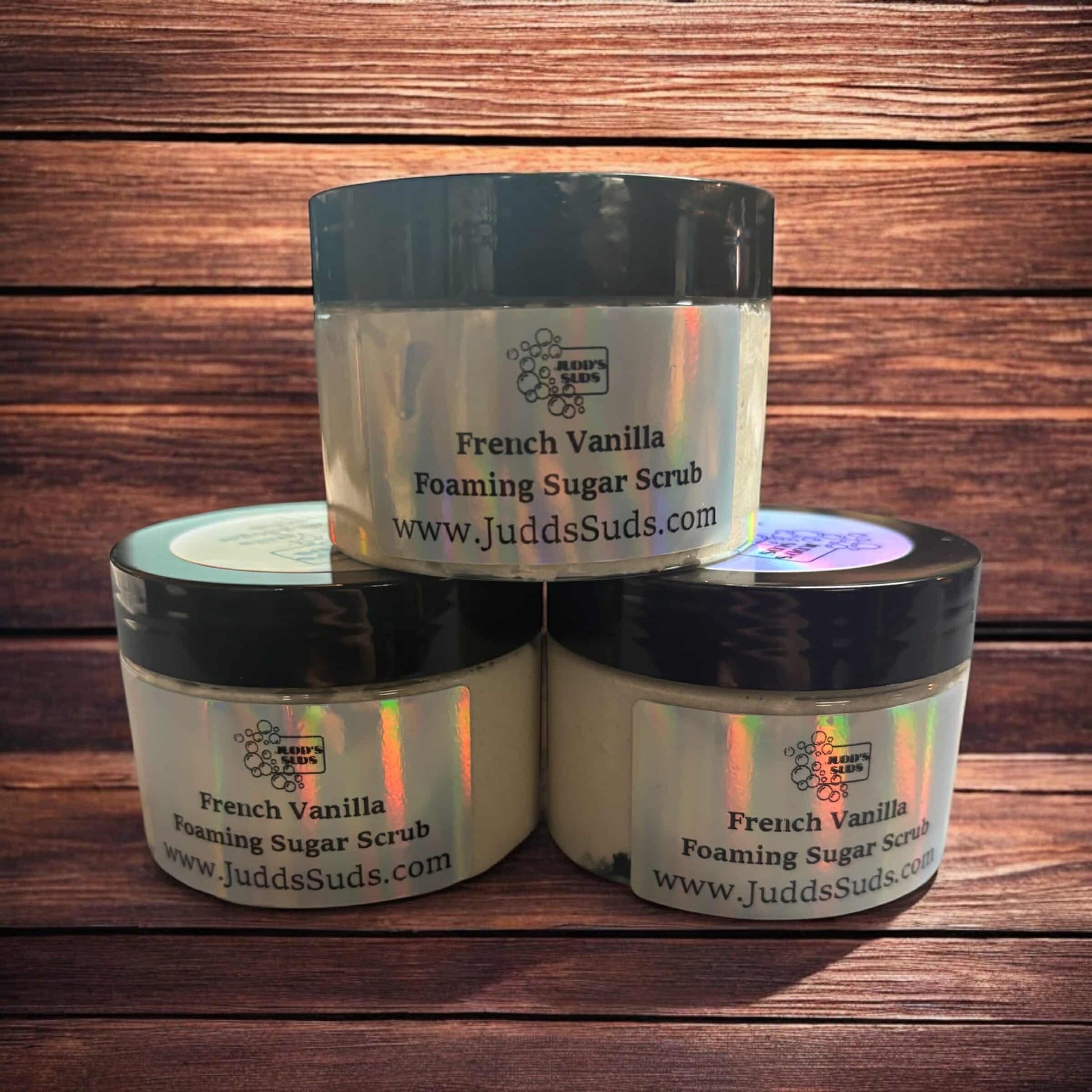 5oz jar, filled with foaming sugar scrub, scented with french vanilla fragrance oil