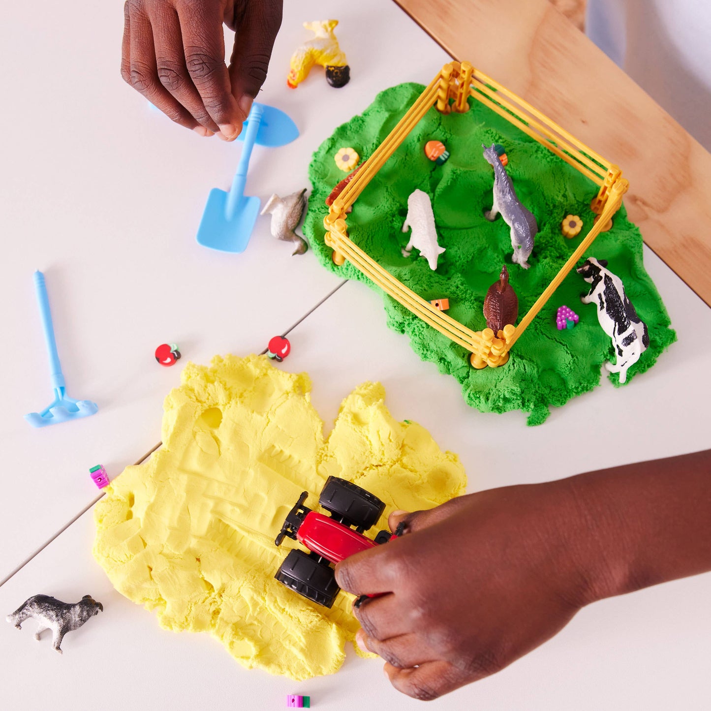 Sensory bag contains, tractor, clay beads, spade, shovel, rake, farm animals. fences, cloud clay.