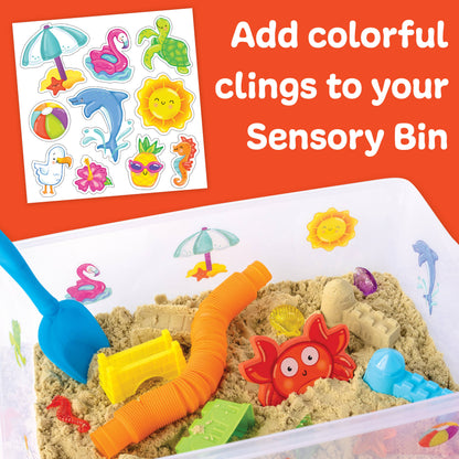 Sensory bin with sand toys and colorful clings on an orange background