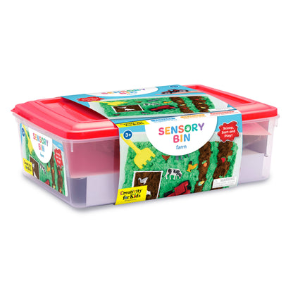 Sensory bin packaging with farm theme on a white background