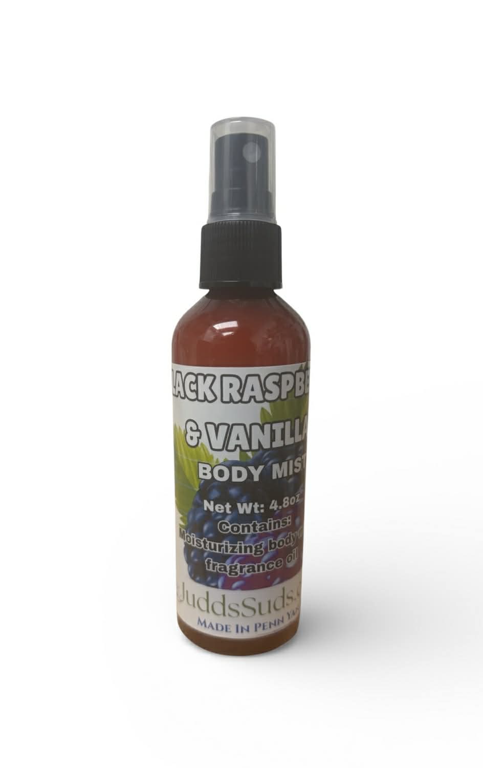Body mist bottle labeled 'Black Raspberry & Vanilla' on a white background