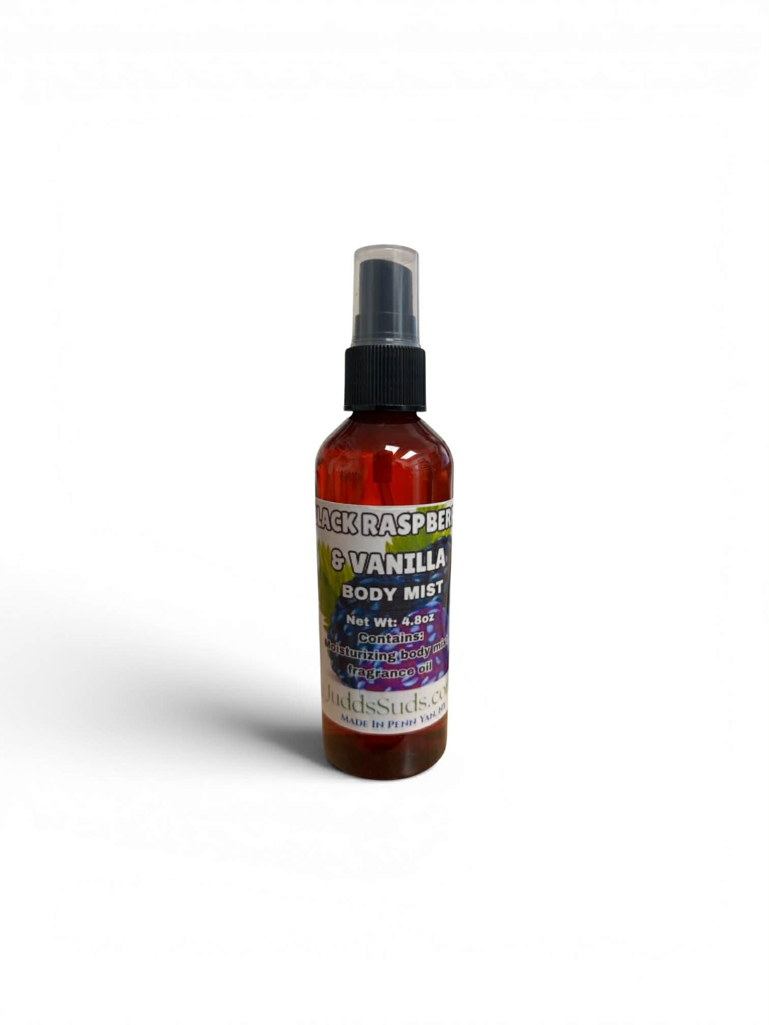 Body mist spray bottle labeled 'Black Raspberry & Vanilla' on a white background