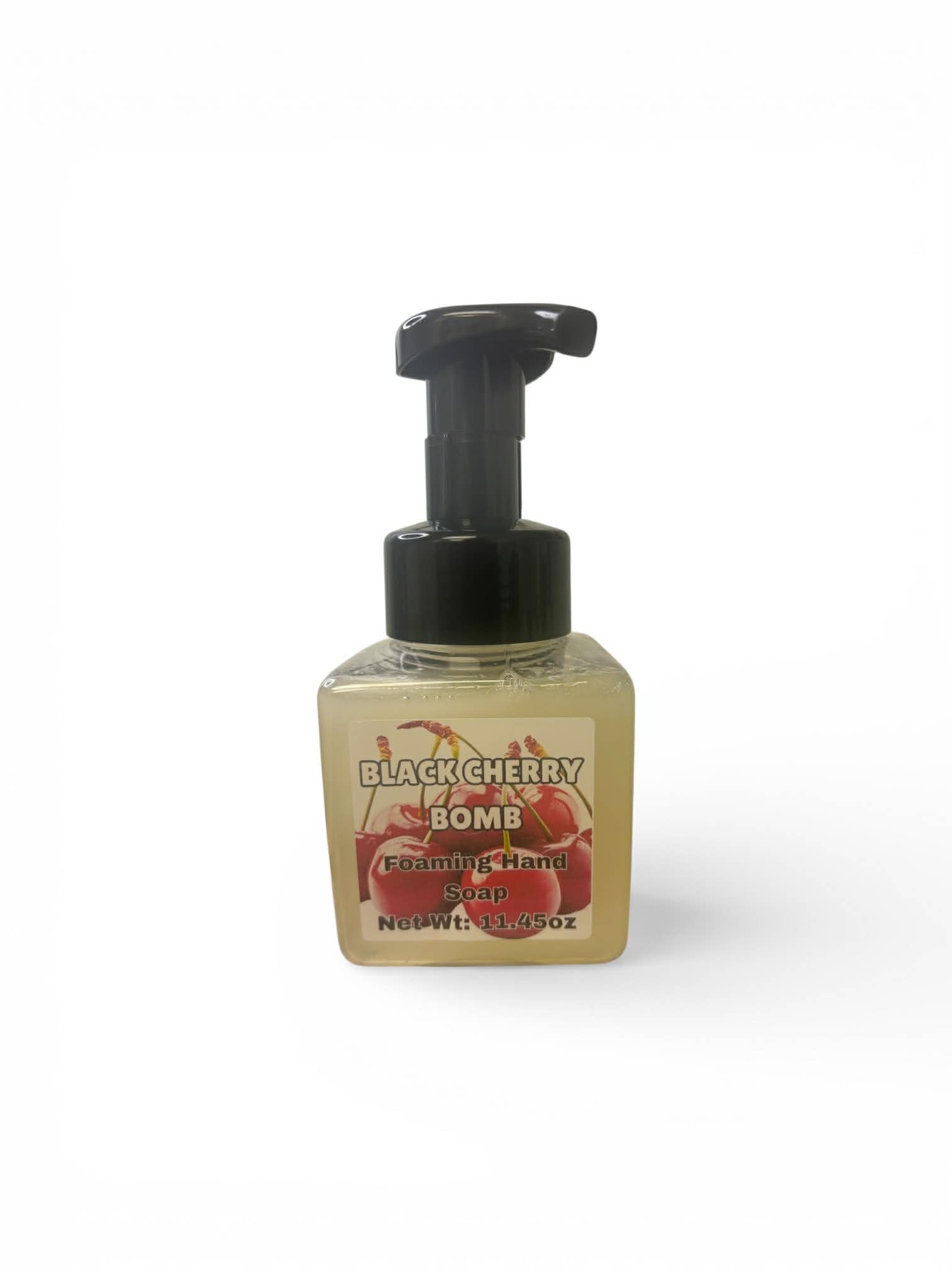 Foaming hand soap bottle with black cherry bomb label on a white background