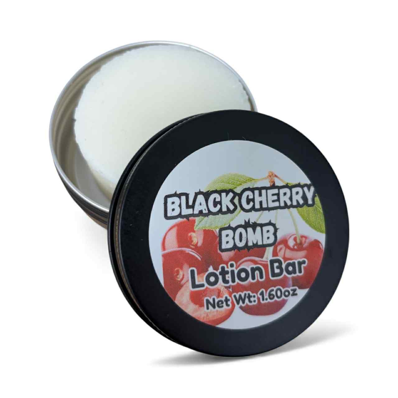 Black Cherry Bomb Lotion Bar in a container with a label on a white background